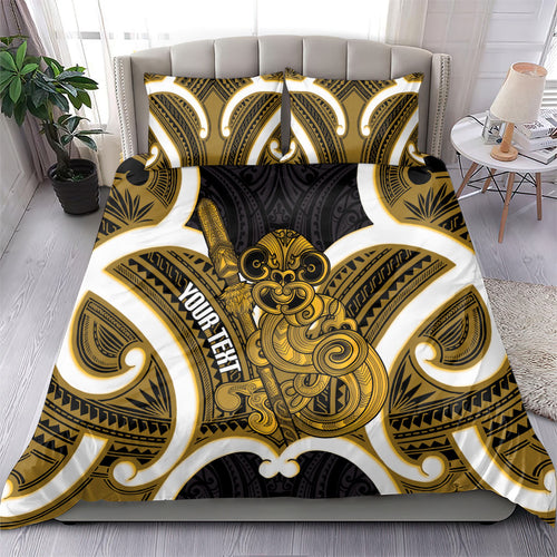 Kowhai Aotearoa Atua Tumatauenga Personalised Bedding Set Maori God Of War Tiki With Taiaha