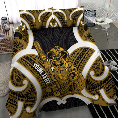 Kowhai Aotearoa Atua Tumatauenga Personalised Bedding Set Maori God Of War Tiki With Taiaha