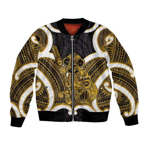 Kowhai Aotearoa Atua Tumatauenga Personalised Bomber Jacket Maori God Of War Tiki With Taiaha