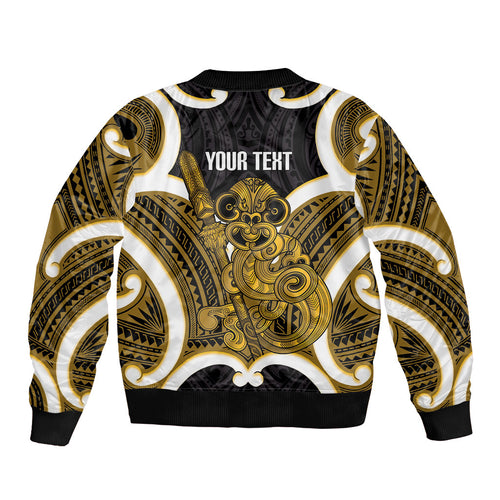 Kowhai Aotearoa Atua Tumatauenga Personalised Bomber Jacket Maori God Of War Tiki With Taiaha