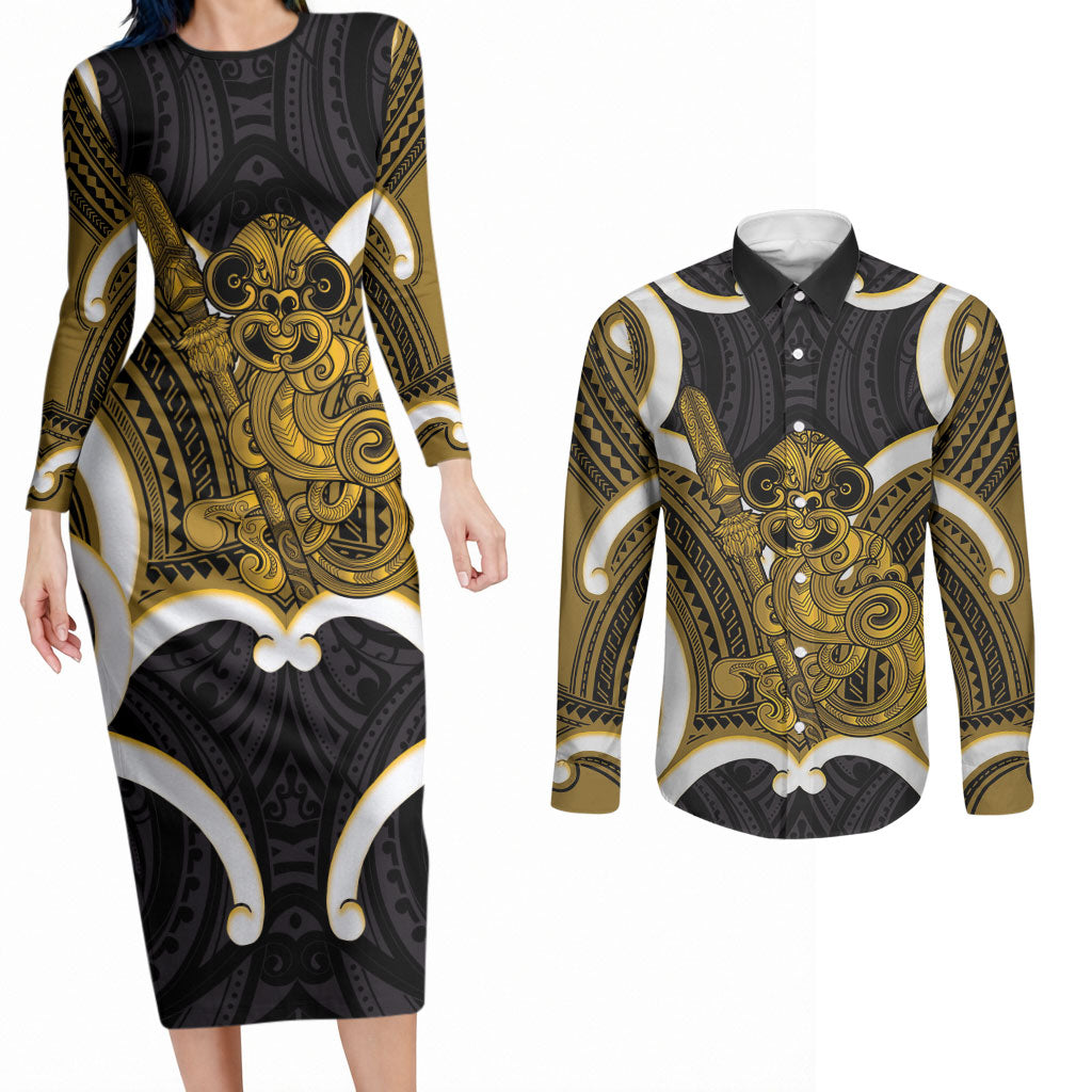 Kowhai Aotearoa Atua Tumatauenga Personalised Couples Matching Long Sleeve Bodycon Dress and Long Sleeve Button Shirt Maori God Of War Tiki With Taiaha