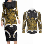 Kowhai Aotearoa Atua Tumatauenga Personalised Couples Matching Long Sleeve Bodycon Dress and Long Sleeve Button Shirt Maori God Of War Tiki With Taiaha