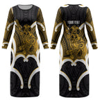 Kowhai Aotearoa Atua Tumatauenga Personalised Couples Matching Long Sleeve Bodycon Dress and Long Sleeve Button Shirt Maori God Of War Tiki With Taiaha