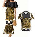 Kowhai Aotearoa Atua Tumatauenga Personalised Couples Matching Mermaid Dress and Hawaiian Shirt Maori God Of War Tiki With Taiaha