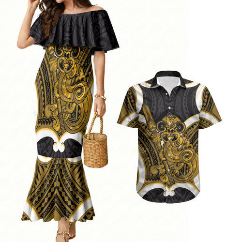 Kowhai Aotearoa Atua Tumatauenga Personalised Couples Matching Mermaid Dress and Hawaiian Shirt Maori God Of War Tiki With Taiaha
