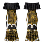 Kowhai Aotearoa Atua Tumatauenga Personalised Couples Matching Mermaid Dress and Hawaiian Shirt Maori God Of War Tiki With Taiaha