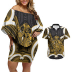 Kowhai Aotearoa Atua Tumatauenga Personalised Couples Matching Off Shoulder Short Dress and Hawaiian Shirt Maori God Of War Tiki With Taiaha