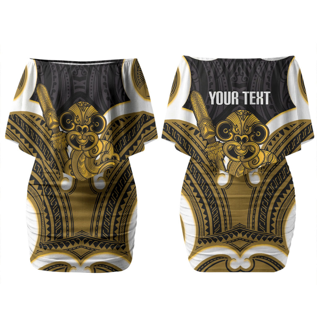 Kowhai Aotearoa Atua Tumatauenga Personalised Couples Matching Off Shoulder Short Dress and Hawaiian Shirt Maori God Of War Tiki With Taiaha