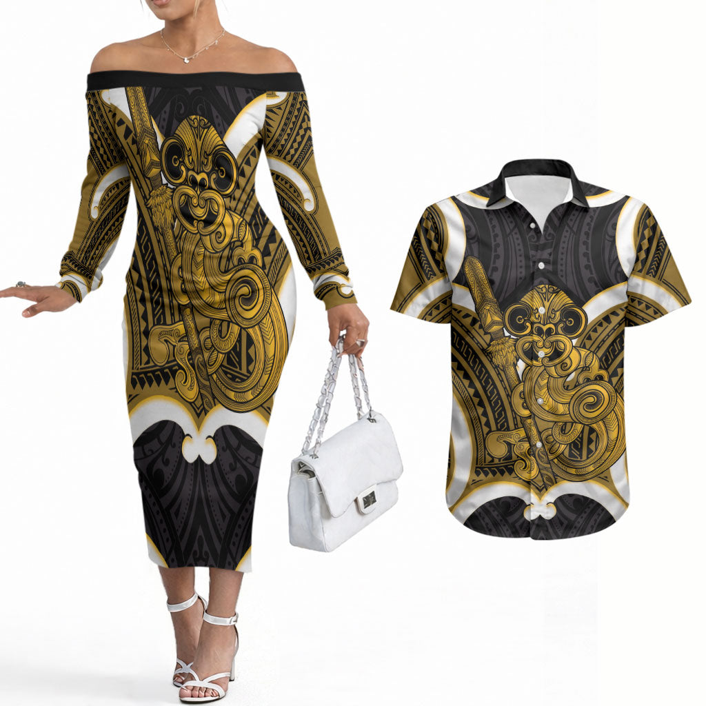 Kowhai Aotearoa Atua Tumatauenga Personalised Couples Matching Off The Shoulder Long Sleeve Dress and Hawaiian Shirt Maori God Of War Tiki With Taiaha