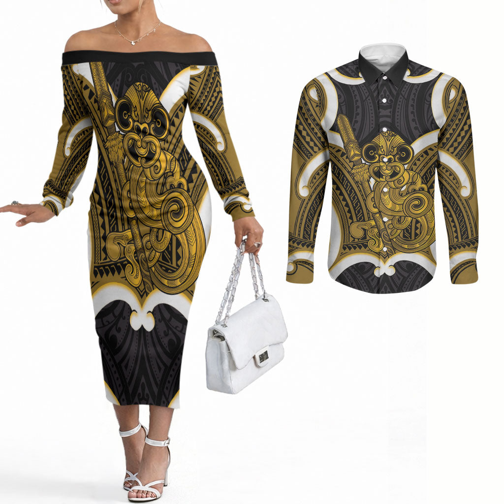 Kowhai Aotearoa Atua Tumatauenga Personalised Couples Matching Off The Shoulder Long Sleeve Dress and Long Sleeve Button Shirt Maori God Of War Tiki With Taiaha
