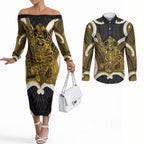 Kowhai Aotearoa Atua Tumatauenga Personalised Couples Matching Off The Shoulder Long Sleeve Dress and Long Sleeve Button Shirt Maori God Of War Tiki With Taiaha