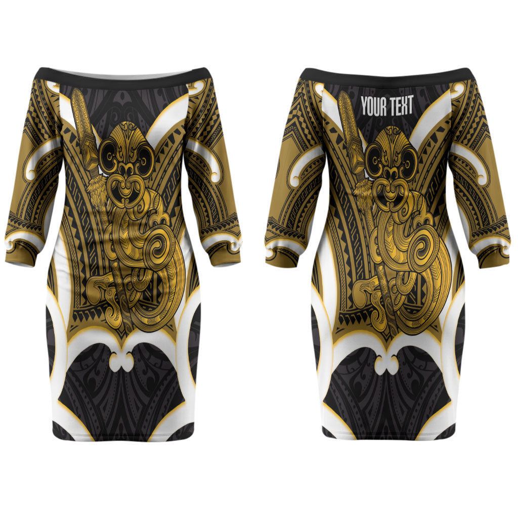 Kowhai Aotearoa Atua Tumatauenga Personalised Couples Matching Off The Shoulder Long Sleeve Dress and Long Sleeve Button Shirt Maori God Of War Tiki With Taiaha