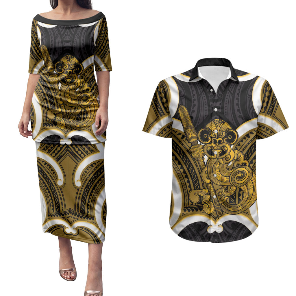 Kowhai Aotearoa Atua Tumatauenga Personalised Couples Matching Puletasi and Hawaiian Shirt Maori God Of War Tiki With Taiaha