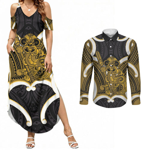 Kowhai Aotearoa Atua Tumatauenga Personalised Couples Matching Summer Maxi Dress and Long Sleeve Button Shirt Maori God Of War Tiki With Taiaha