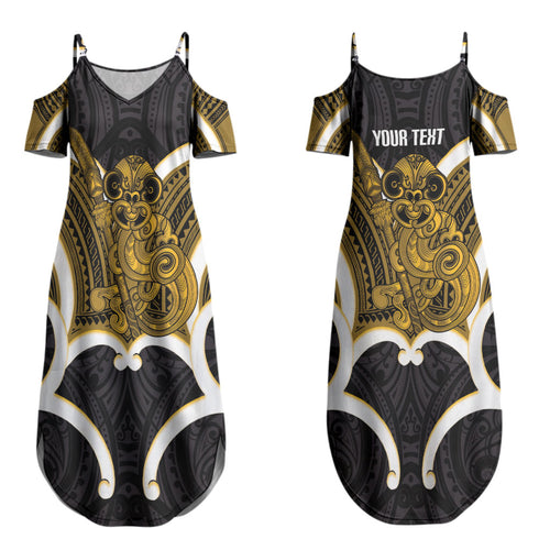 Kowhai Aotearoa Atua Tumatauenga Personalised Couples Matching Summer Maxi Dress and Long Sleeve Button Shirt Maori God Of War Tiki With Taiaha