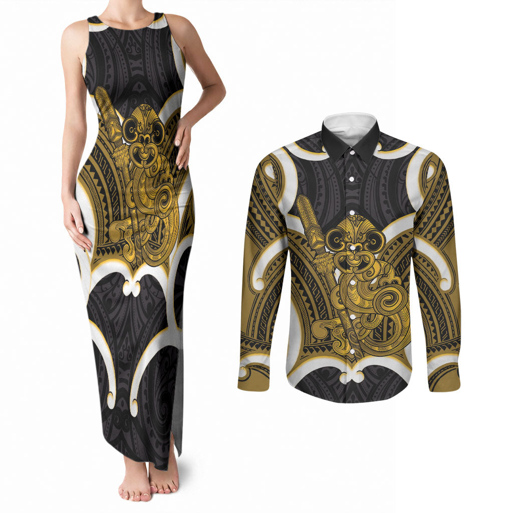 Kowhai Aotearoa Atua Tumatauenga Personalised Couples Matching Tank Maxi Dress and Long Sleeve Button Shirt Maori God Of War Tiki With Taiaha