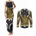 Kowhai Aotearoa Atua Tumatauenga Personalised Couples Matching Tank Maxi Dress and Long Sleeve Button Shirt Maori God Of War Tiki With Taiaha