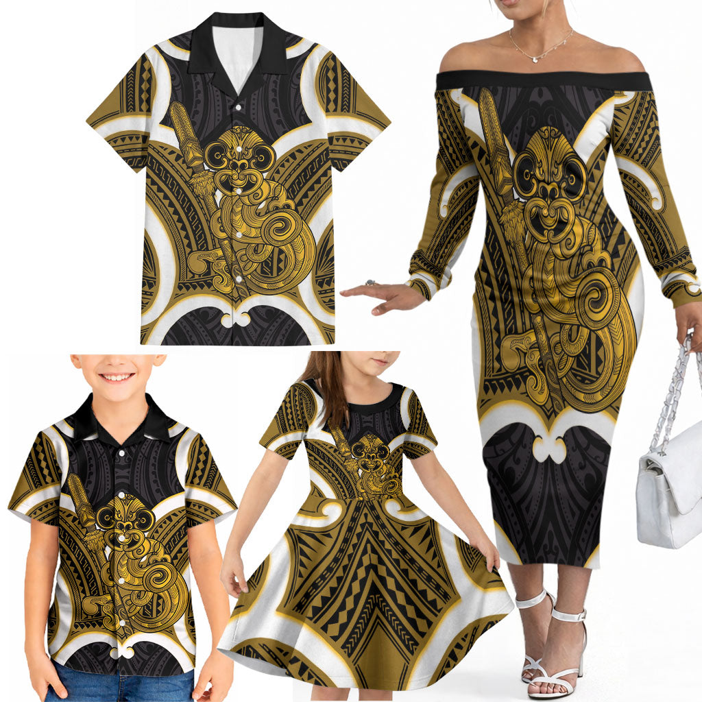 Kowhai Aotearoa Atua Tumatauenga Personalised Family Matching Off The Shoulder Long Sleeve Dress and Hawaiian Shirt Maori God Of War Tiki With Taiaha