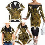 Kowhai Aotearoa Atua Tumatauenga Personalised Family Matching Off The Shoulder Long Sleeve Dress and Hawaiian Shirt Maori God Of War Tiki With Taiaha