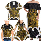 Kowhai Aotearoa Atua Tumatauenga Personalised Family Matching Off Shoulder Maxi Dress and Hawaiian Shirt Maori God Of War Tiki With Taiaha