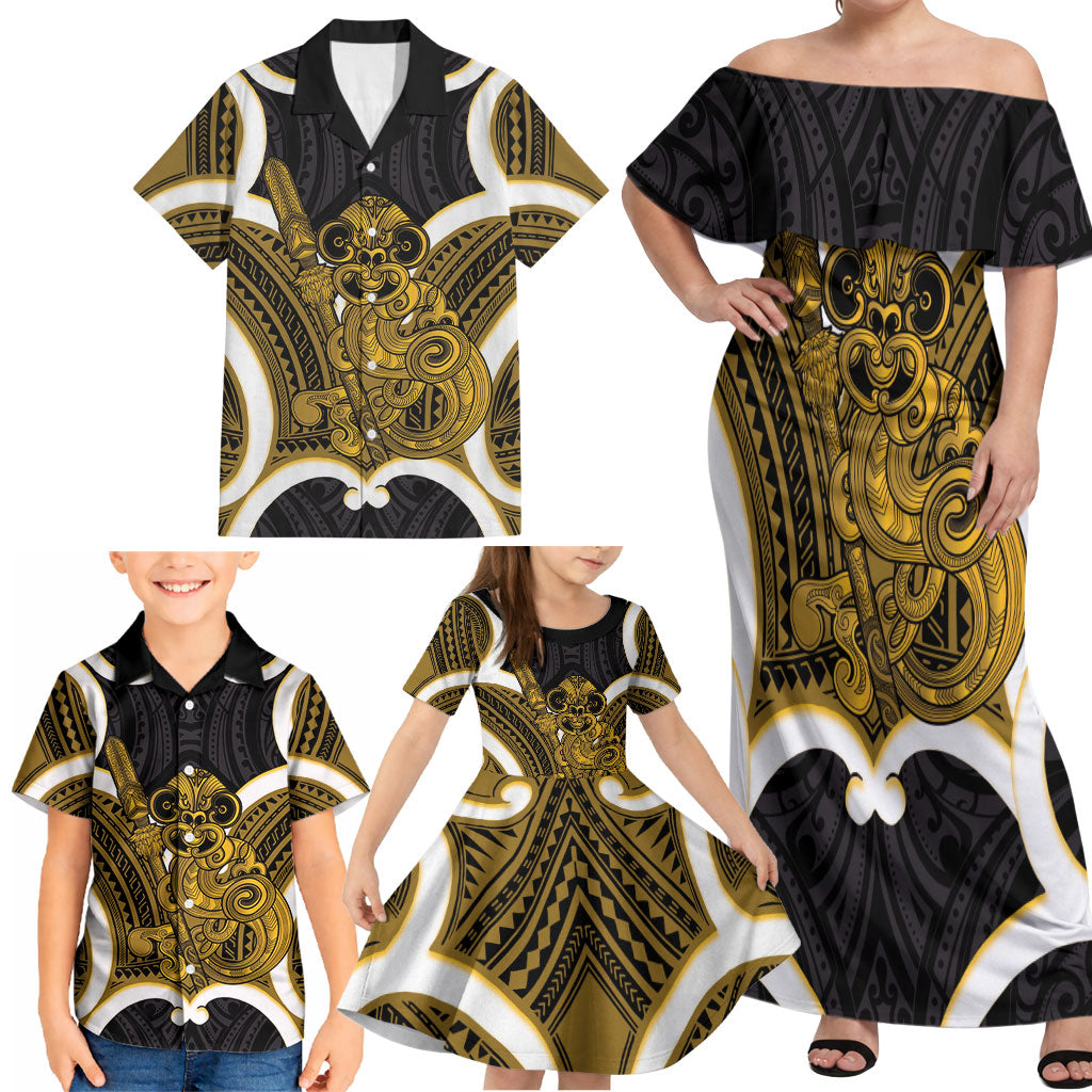 Kowhai Aotearoa Atua Tumatauenga Personalised Family Matching Off Shoulder Maxi Dress and Hawaiian Shirt Maori God Of War Tiki With Taiaha