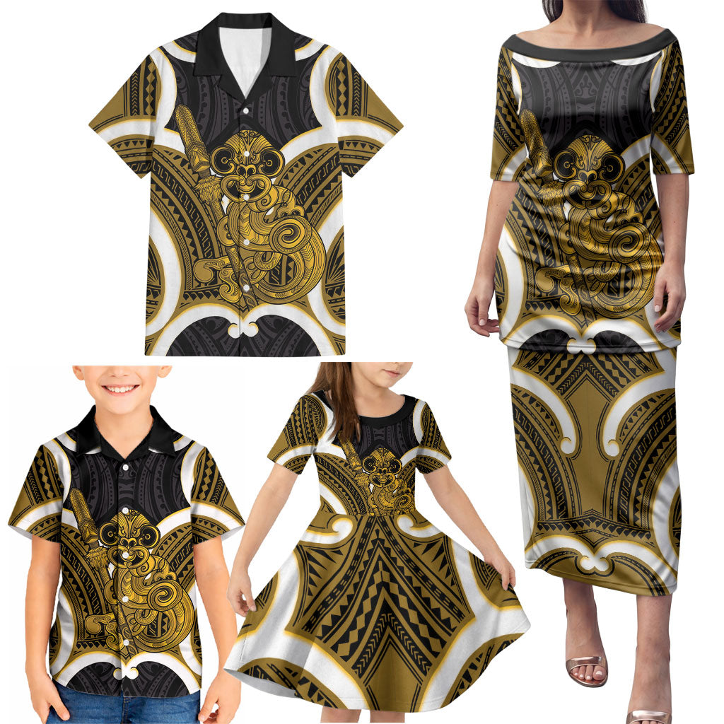 Kowhai Aotearoa Atua Tumatauenga Personalised Family Matching Puletasi and Hawaiian Shirt Maori God Of War Tiki With Taiaha