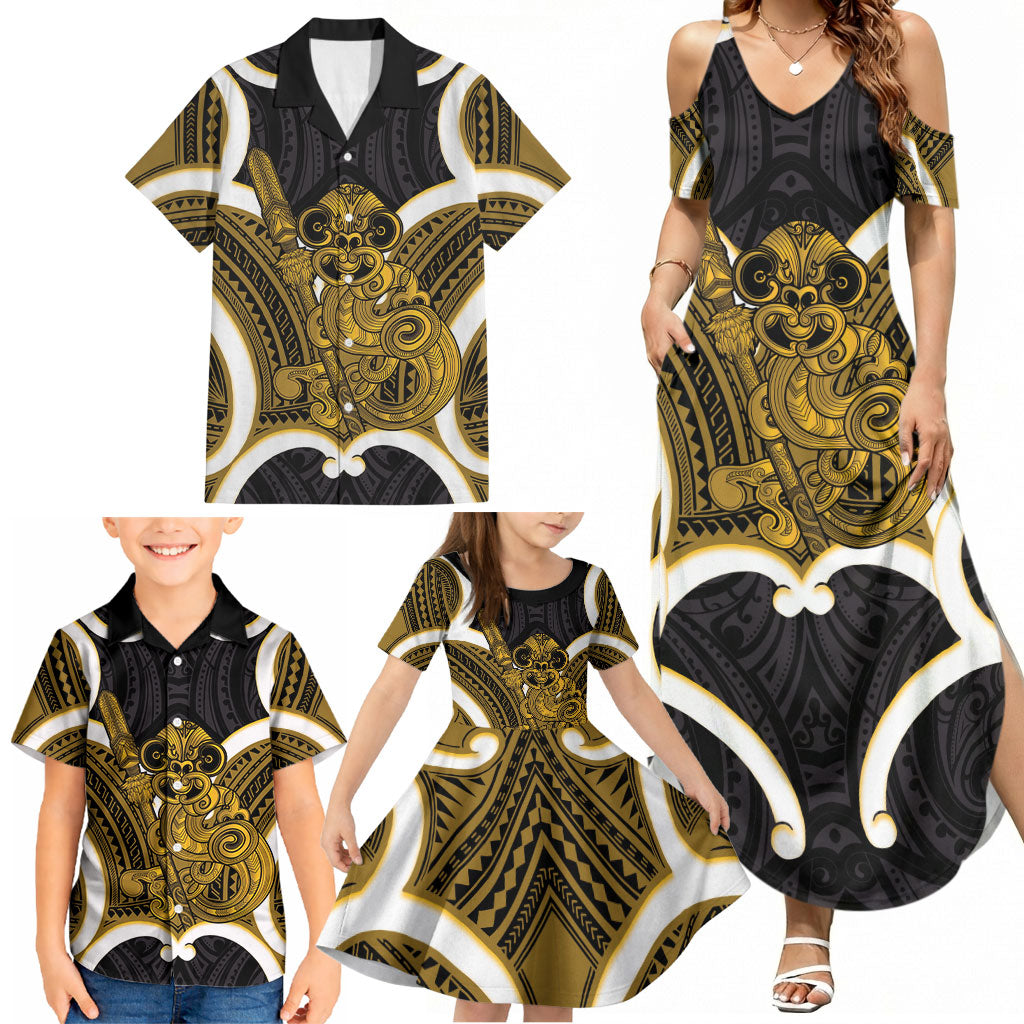 Kowhai Aotearoa Atua Tumatauenga Personalised Family Matching Summer Maxi Dress and Hawaiian Shirt Maori God Of War Tiki With Taiaha