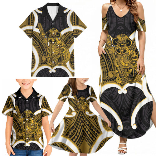 Kowhai Aotearoa Atua Tumatauenga Personalised Family Matching Summer Maxi Dress and Hawaiian Shirt Maori God Of War Tiki With Taiaha