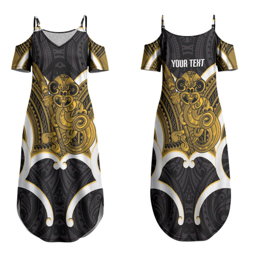 Kowhai Aotearoa Atua Tumatauenga Personalised Family Matching Summer Maxi Dress and Hawaiian Shirt Maori God Of War Tiki With Taiaha