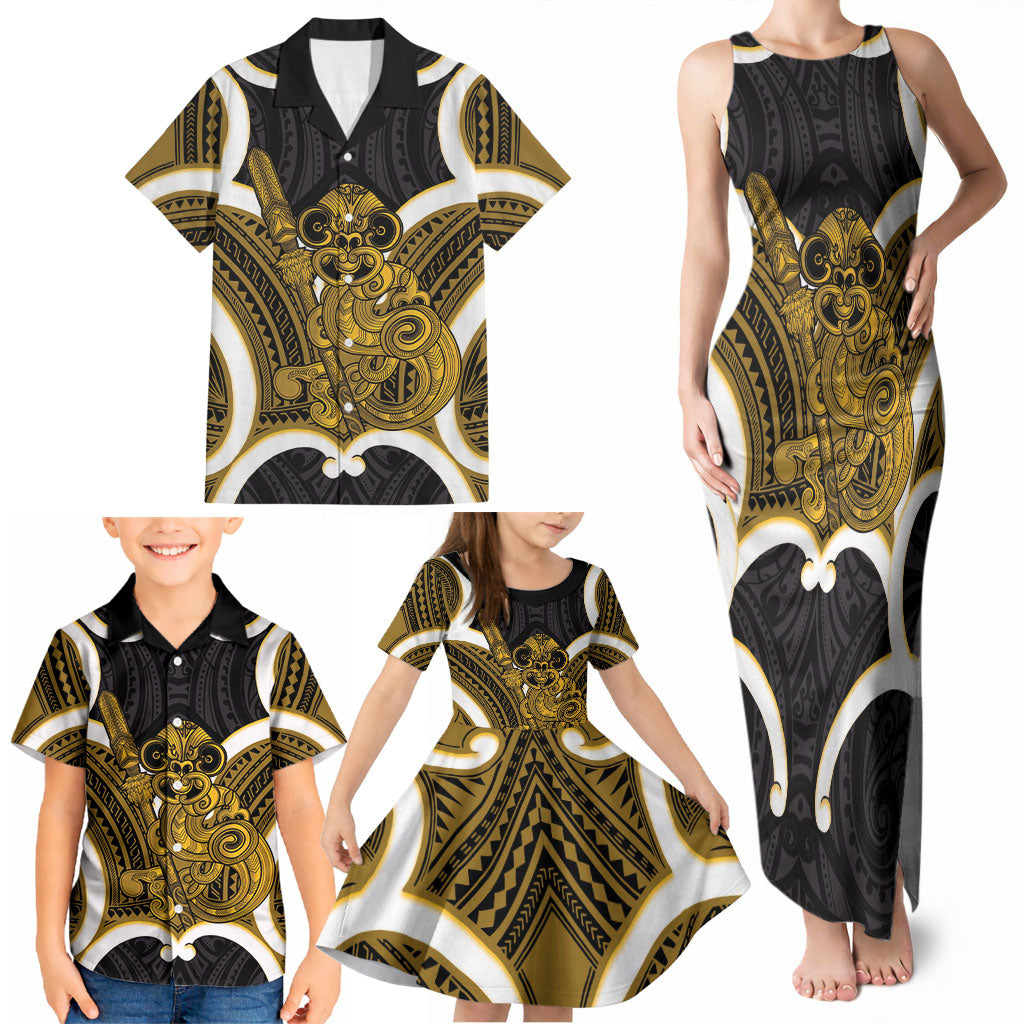 Kowhai Aotearoa Atua Tumatauenga Personalised Family Matching Tank Maxi Dress and Hawaiian Shirt Maori God Of War Tiki With Taiaha