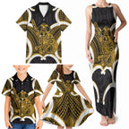 Kowhai Aotearoa Atua Tumatauenga Personalised Family Matching Tank Maxi Dress and Hawaiian Shirt Maori God Of War Tiki With Taiaha
