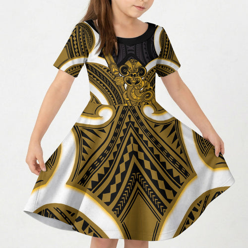 Kowhai Aotearoa Atua Tumatauenga Personalised Kid Short Sleeve Dress Maori God Of War Tiki With Taiaha