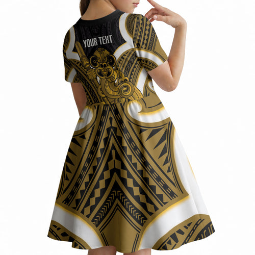 Kowhai Aotearoa Atua Tumatauenga Personalised Kid Short Sleeve Dress Maori God Of War Tiki With Taiaha