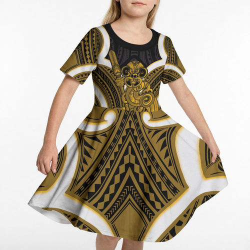 Kowhai Aotearoa Atua Tumatauenga Personalised Kid Short Sleeve Dress Maori God Of War Tiki With Taiaha
