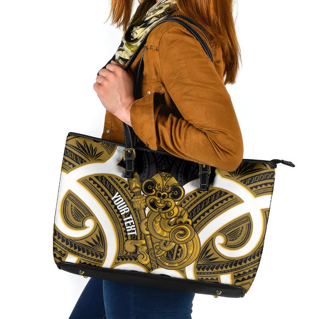 Kowhai Aotearoa Atua Tumatauenga Personalised Leather Tote Bag Maori God Of War Tiki With Taiaha