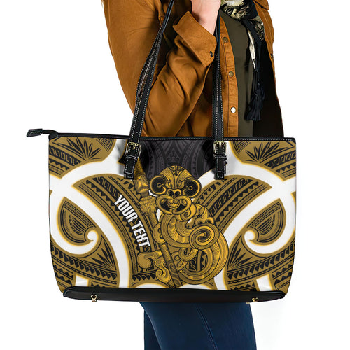 Kowhai Aotearoa Atua Tumatauenga Personalised Leather Tote Bag Maori God Of War Tiki With Taiaha