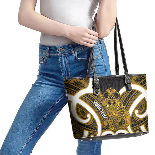 Kowhai Aotearoa Atua Tumatauenga Personalised Leather Tote Bag Maori God Of War Tiki With Taiaha