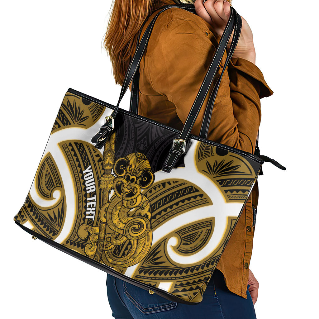 Kowhai Aotearoa Atua Tumatauenga Personalised Leather Tote Bag Maori God Of War Tiki With Taiaha