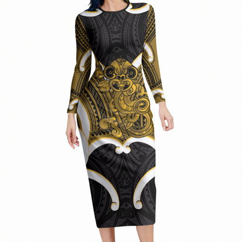 Kowhai Aotearoa Atua Tumatauenga Personalised Long Sleeve Bodycon Dress Maori God Of War Tiki With Taiaha