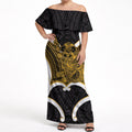 Kowhai Aotearoa Atua Tumatauenga Personalised Off Shoulder Maxi Dress Maori God Of War Tiki With Taiaha