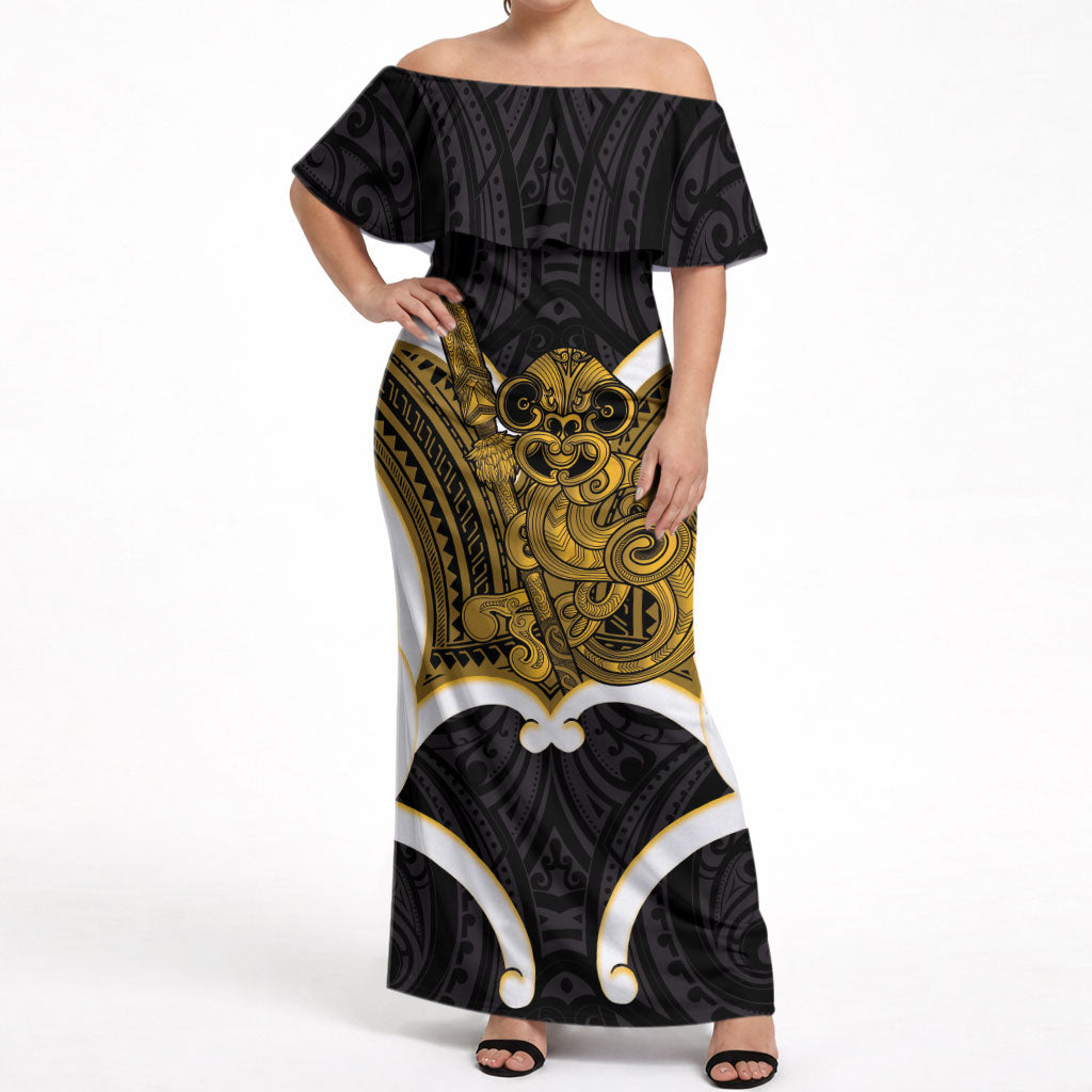Kowhai Aotearoa Atua Tumatauenga Personalised Off Shoulder Maxi Dress Maori God Of War Tiki With Taiaha