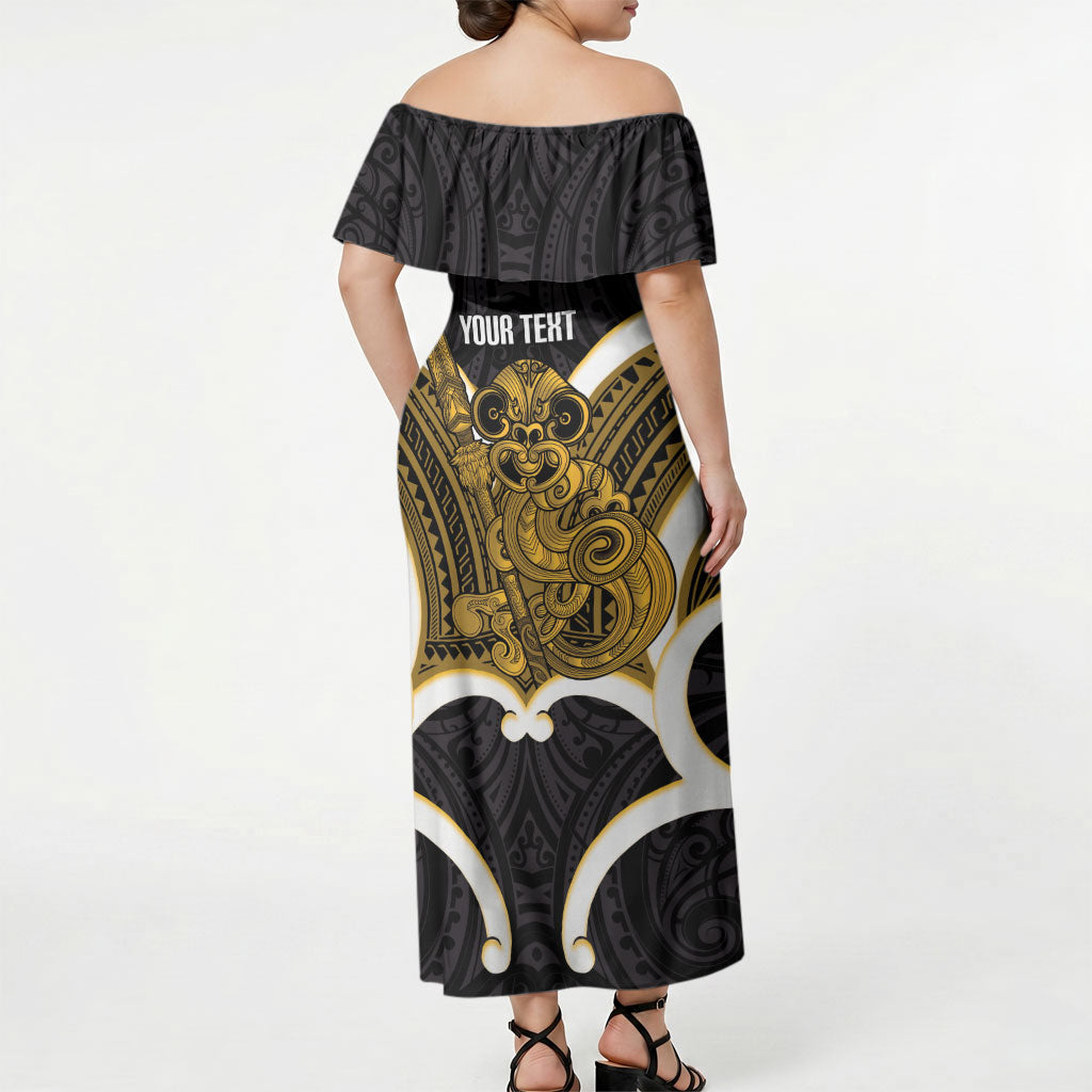 Kowhai Aotearoa Atua Tumatauenga Personalised Off Shoulder Maxi Dress Maori God Of War Tiki With Taiaha