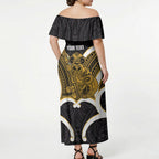 Kowhai Aotearoa Atua Tumatauenga Personalised Off Shoulder Maxi Dress Maori God Of War Tiki With Taiaha