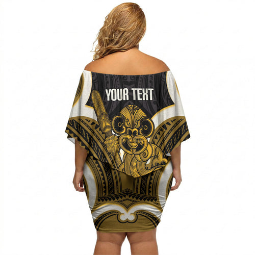 Kowhai Aotearoa Atua Tumatauenga Personalised Off Shoulder Short Dress Maori God Of War Tiki With Taiaha