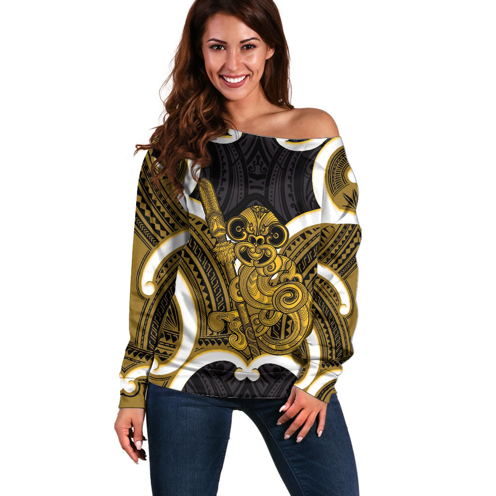 Kowhai Aotearoa Atua Tumatauenga Personalised Off Shoulder Sweater Maori God Of War Tiki With Taiaha