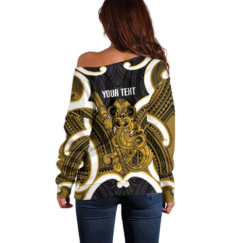 Kowhai Aotearoa Atua Tumatauenga Personalised Off Shoulder Sweater Maori God Of War Tiki With Taiaha