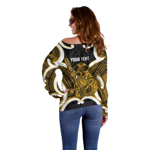 Kowhai Aotearoa Atua Tumatauenga Personalised Off Shoulder Sweater Maori God Of War Tiki With Taiaha