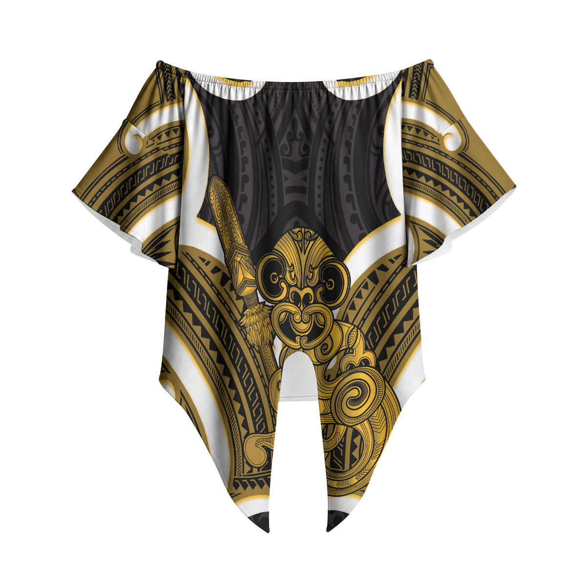 Kowhai Aotearoa Atua Tumatauenga Personalised Off Shoulder Wrap Waist Top Maori God Of War Tiki With Taiaha