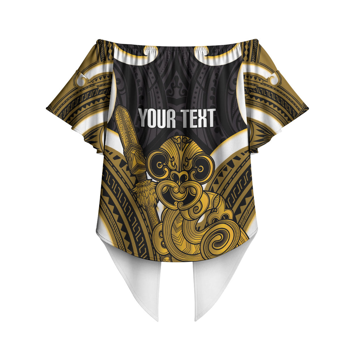 Kowhai Aotearoa Atua Tumatauenga Personalised Off Shoulder Wrap Waist Top Maori God Of War Tiki With Taiaha