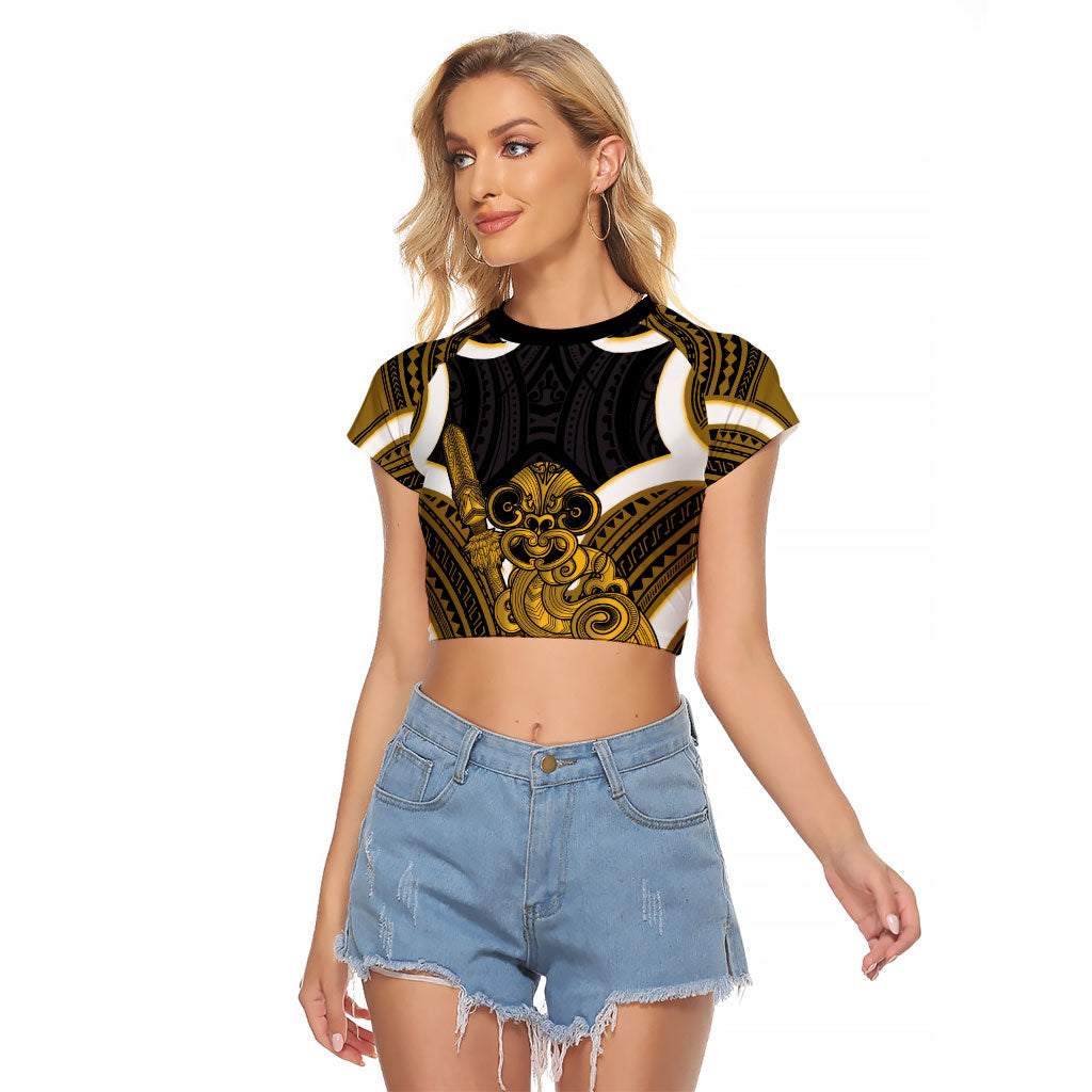 Kowhai Aotearoa Atua Tumatauenga Personalised Raglan Cropped T Shirt Maori God Of War Tiki With Taiaha